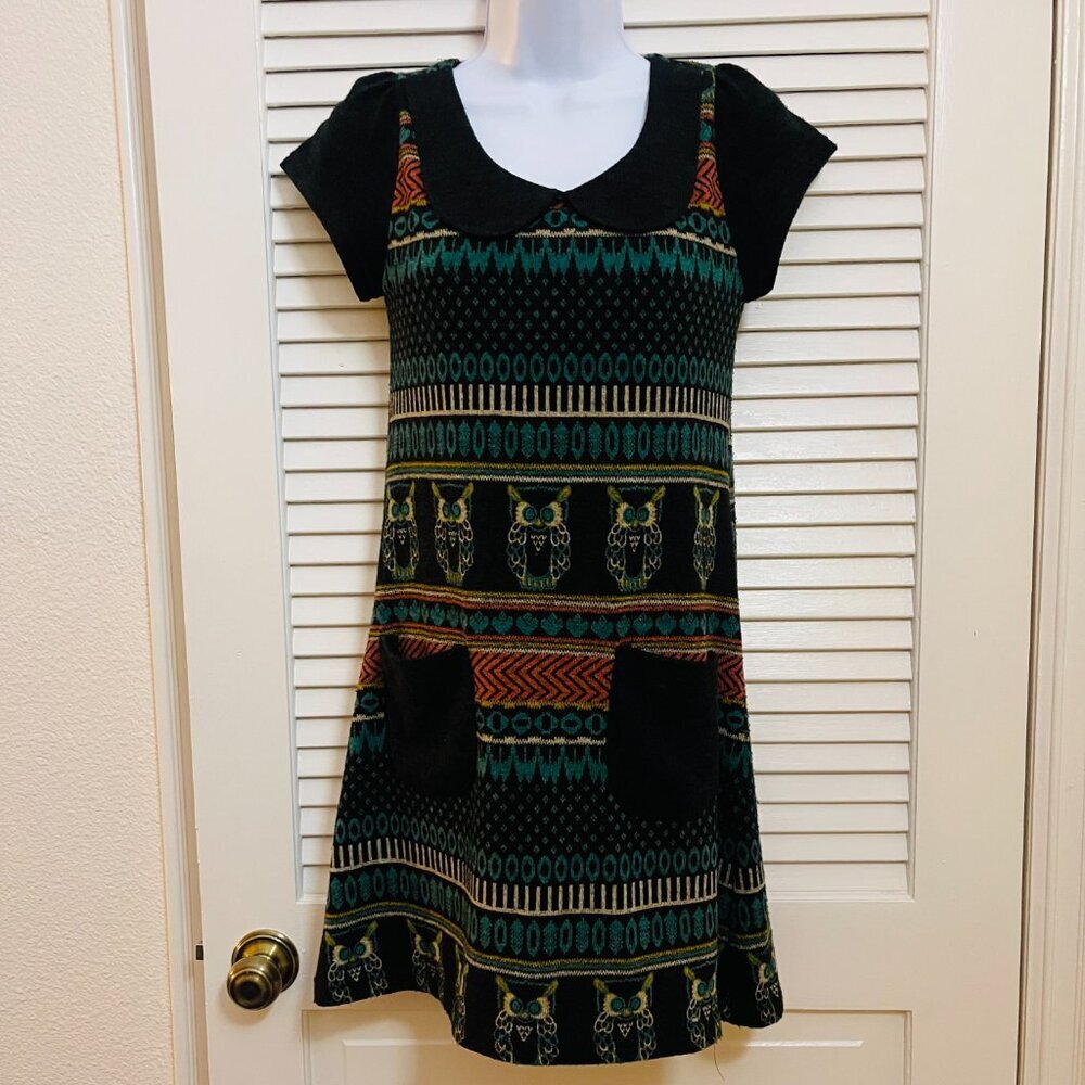 Gracia BOHO Owl Print Knit Dress  S  Pockets & Collar